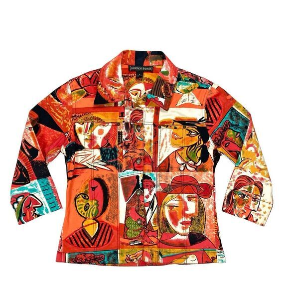 Mirror Image Jacket Size Small Cubist Modern Art Picasso Abstract Denim Blazer - Picture 1 of 14